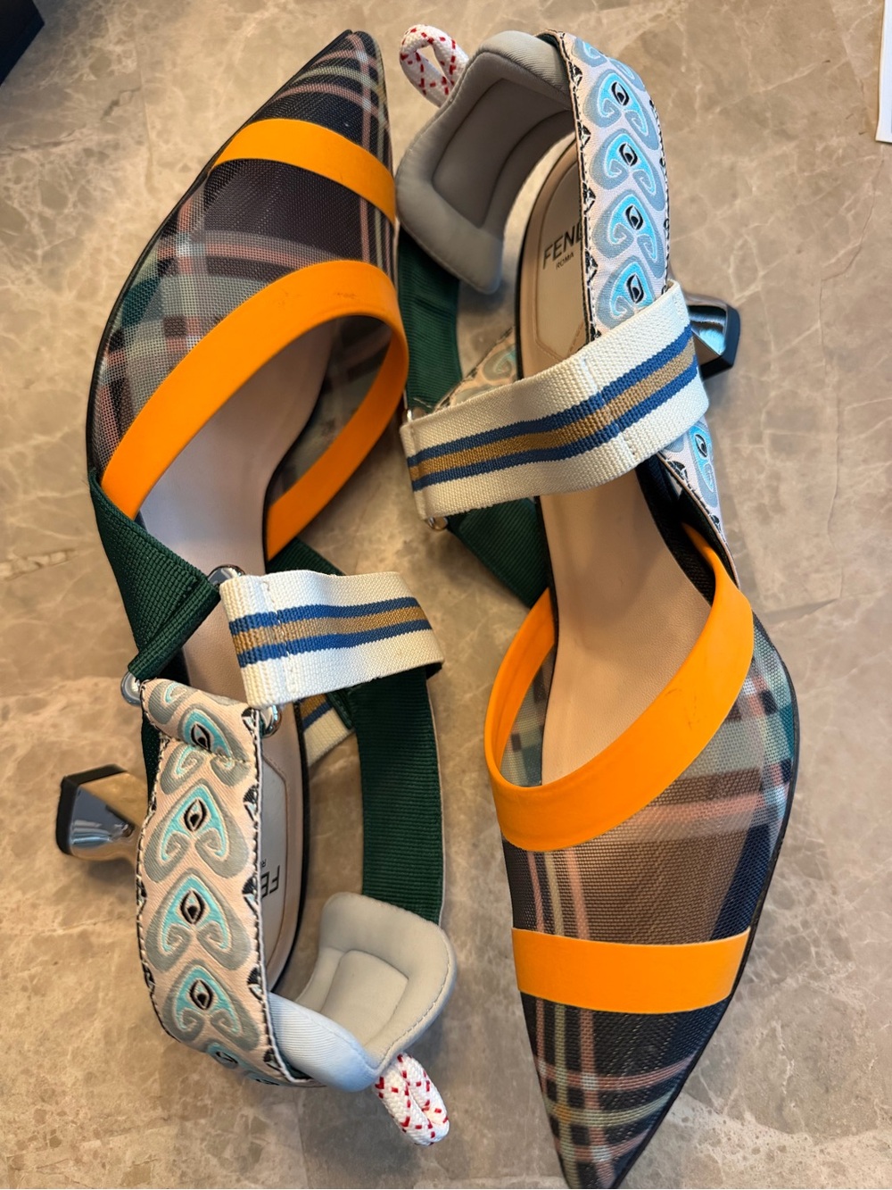 Fendi Women’s Orange Plaid Pointed-Toe Strap Kitten Heels - Picture 2 of 4